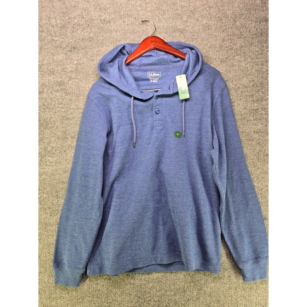 LL Bean Mens Unshrunk Mini Waffle Henley Hoodie Indigo Heather Blue Medium M REG